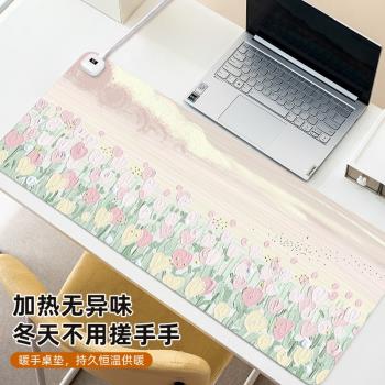 花朵油畫加熱鼠標墊超大辦公室發熱桌墊宿舍學生寫作業暖手墊直連智慧恆溫冬季加熱暖手墊電腦鍵盤暖桌寶防水