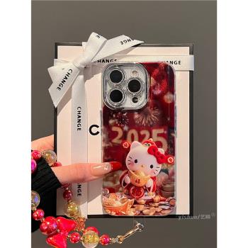 適用蘋果16ProMax手機殼2025新年款iPhone15pro過年喜慶財神Kitty貓14plus趣味可愛13矽膠12個性11女款保護套