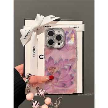 適用蘋果16pro手機殼新款iPhone15ProMax唯美古風粉色綻放蓮花14pro仙女風女款13pm全包鏡頭16新中式15保護套