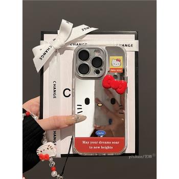 適用蘋果16pro手機殼補妝鏡子新款iphone15promax小眾可愛kt貓表情電鍍鏡面14max創意13矽膠軟12女款11保護套