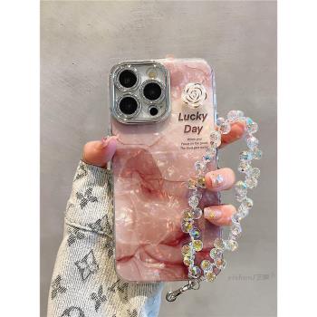 適用蘋果16ProMax手機殼iPhone15高階感暈染立體山茶花14唯美貝殼紋13pro自帶鏡頭膜12韓風女款max新款矽膠套