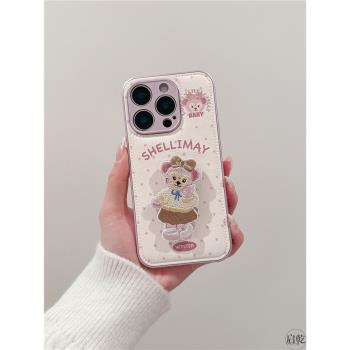 啟乾 波點刺繡雪莉玫支架iPhone16/15手機殼適用蘋果14/13promax皮質硬殼少女心韓系溫柔風可愛卡通新款秋冬