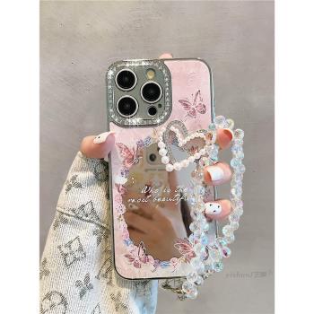 適用蘋果15promax手機殼iphone14高階感ins秘境花園蝴蝶15p閃鉆愛心珍珠12網紅女款13新款貝殼紋14 pro保護套
