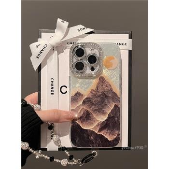 適用蘋果16ProMax手機殼個性新款iPhone15pro藝術國風金色綿延山脈14plus創意13max鏡頭全包12保護套11pm女款