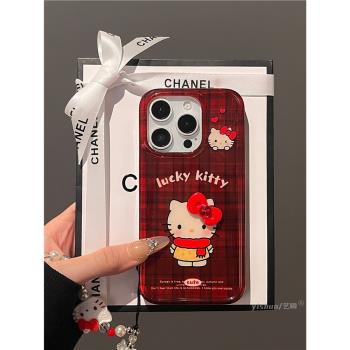 適用蘋果16ProMax手機殼秋冬新款iPhone15pro復古紅格紅圍巾kitty貓14pm可愛13pro矽膠軟女款16p帶掛繩保護套