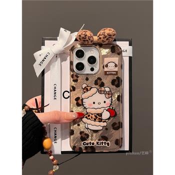 適用iPhone15ProMax手機殼蘋果16Pro日韓ins時髦辣妹豹紋裙kitty貓13個性女款14雙層16pm帶掛繩15矽膠保護套