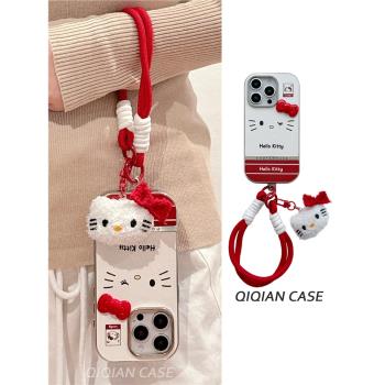 啟乾 紅色立體蝴蝶結凱蒂貓iPhone16/15手機殼適用蘋果14/13promax皮質軟殼手提鏈條可愛哈嘍HelloKitty新款