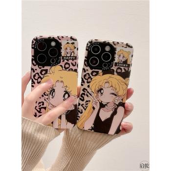 啟乾 豹紋美少女戰士iPhone16/15手機殼適用蘋果14/13promax皮質軟殼少女心可愛卡通新款全包防摔甜酷辣妹ins