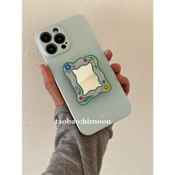 小清新奶綠花朵鏡面氣囊支架可補妝ins風手機殼精孔適用iPhone15promax軟殼全包邊13imd