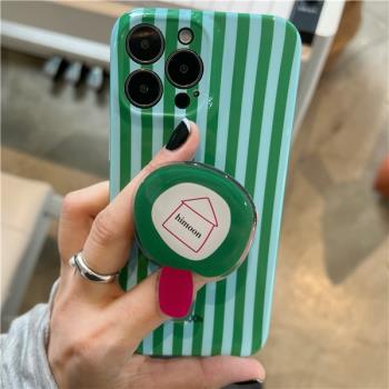 韓國ins風綠色撞色條紋適用蘋果14promax手機殼iphone16小眾15IMD