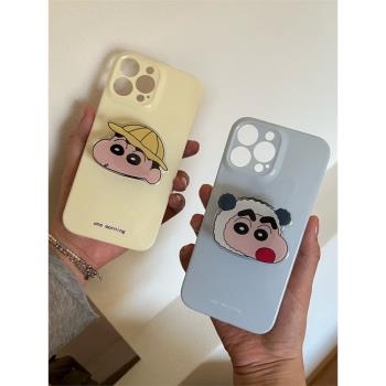 韓國ins適用蘋果16promax手機殼帶支架iPhone13/15全包奶黃奶藍殼IMD