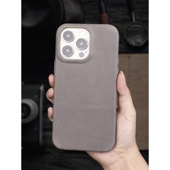 適用蘋果iPhone13Pro/13ProMax手工真皮瘋馬皮高階手機殼磁吸Magsafe無線充電全包復古做舊個性牛皮保護套潮