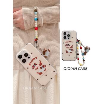 啟乾 波點臘腸狗腕帶iPhone16/15手機殼適用蘋果14/13promax硬殼12雙層手提鏈條掛繩少女心可愛卡通新款秋冬