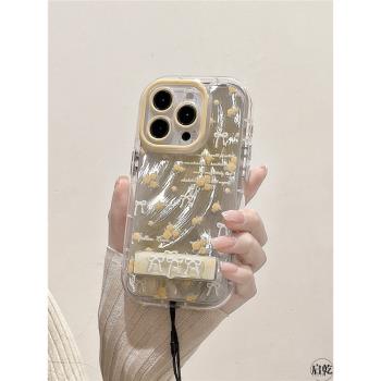 啟乾 羽紗黃色碎花蝴蝶結折疊支架iPhone15手機殼適用蘋果14/13promax矽膠軟殼12少女心11文藝日韓小眾新款