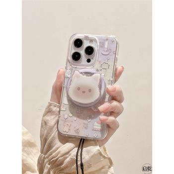 啟乾 磁吸殼狗狗帶支架iPhone15手機殼適用蘋果14/13promax硬殼12雙層少女心貓咪可愛卡通格紋韓風小眾新款