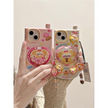 啟乾 翻蓋鏡子立體餅餅掛件iPhone15手機殼適用蘋果14/13promax支架軟殼12大哥大11少女心粉色可琦安新款鏡面