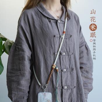 天然白玉菩提檀香木可愛醒獅斜挎可背手機掛繩掛鏈新中式長款斜跨手機鏈掛件純手工棉線跑環掛飾防丟摔可拆卸