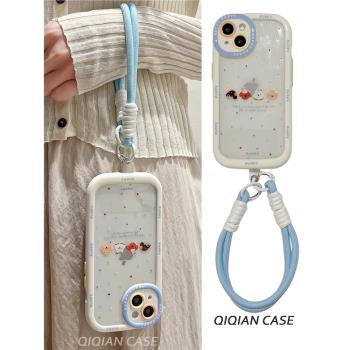 啟乾 彩色波點小動物腕帶iPhone15手機殼適用蘋果14/13promax透明硬殼12手提鏈條掛繩少女心可愛卡通小眾新款