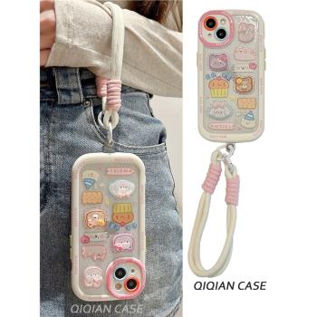 啟乾 塗鴉立體小動物腕帶iPhone15手機殼適用蘋果14/13promax透明硬殼12手提鏈條掛繩少女心粉色可愛卡通新款