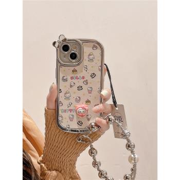 啟乾 塗鴉甜品立體凱蒂貓iPhone16/15手機殼適用蘋果14/13promax皮質軟殼12手提11鏈條掛繩HelloKitty新款女