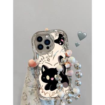 卡通小黑貓適用蘋果16promax手機殼iPhone14pro新款15高階感13pm可愛12手鏈11矽膠電鍍plus全包防摔女x保護套