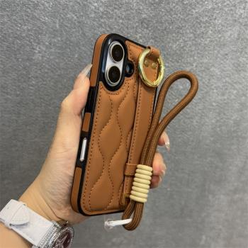 得樂適用蘋果16手機殼典雅棕指環腕帶iphone16promax高檔皮紋15pro簡約14情侶女款13防摔12高階感16plus