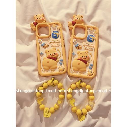 可愛蜂蜜罐趴趴小熊適用iphone14ProMax蘋果13手機殼14新款14pro立體卡通11創意12女款13pro鏈條硅膠保護套