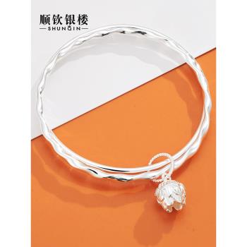 (免運)順欽銀樓S9999純銀手鐲女雙層蓮花足銀鐲子銀手環生日禮物實心