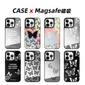 Magsafe磁吸CASE藝術家INS幻彩漸變蝴蝶16Promax手機殼適用15Pro鏡面黑邊框蘋果14防摔iPhone13少女新保護套