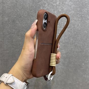 棕色羊巴皮卡包適用iPhone16手機殼證套半包無邊框蘋果16promax新款簡約商務男15pro插卡槽14女款13高階感12