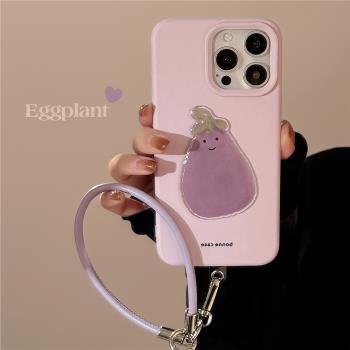 可愛茄子手繩適用蘋果16手機殼15promax韓風iphone14立體13矽膠12