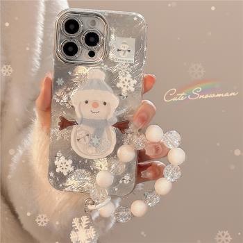 冬日雪花適用15promax手機殼蘋果iphone16雪人搖搖樂支架13掛鏈14