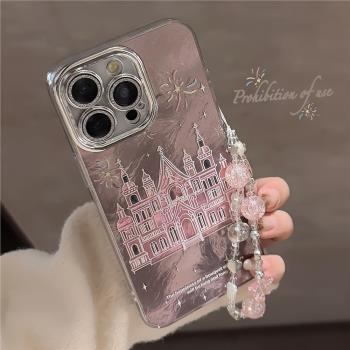 少女煙花城堡帶鏈條適用iphone16蘋果15promax手機殼14閃粉13全包
