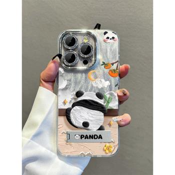 油畫熊貓羽紗適用蘋果15promax手機殼新款iphone14pro高階感16帶鏡頭膜13p矽膠防摔12支架11可愛plus小眾女款