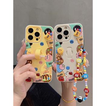 立體M豆巧克力適用iphone16手機殼15promax蘋果14pro保護套13日韓卡通12伸縮指環支架11手鏈掛繩情侶男女