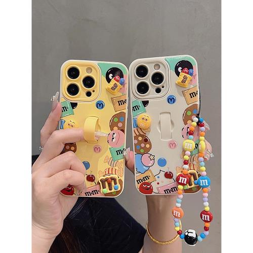 立體M豆巧克力適用iphone16手機殼15promax蘋果14pro保護套13日韓卡通12伸縮指環支架11手鏈掛繩情侶男女