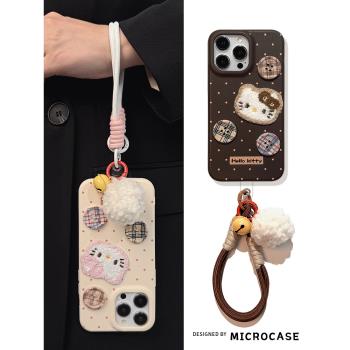 紐扣刺繡Hello Kitty貓適用iphone16pro手機殼15promax蘋果14矽膠套13軟殼12甜酷少女11卡通可愛手腕帶掛繩