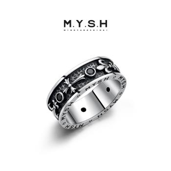 (免運)MYSH 純銀黑鋯石鳶尾花戒指男士高階感復古潮單戒閉口戒原創設計