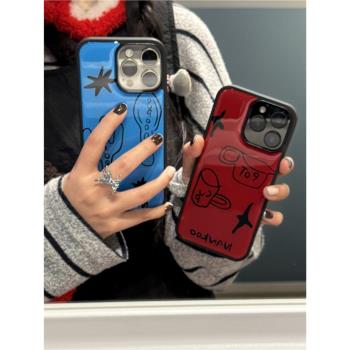 玩殼總動員 超可愛萌趣餐具！韓國ins風卡通黑邊滴膠適用蘋果16promax手機殼iphone15/14原創簡約塗鴉