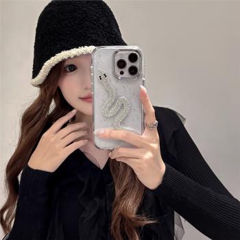 酷圖適用簡約蘋果iPhone15Pro手機殼立體蛇16promax保護套女14Pro全包防摔iphone13高階感閃粉12pm透明潮16