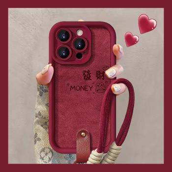 【進口小羊皮】適用蘋果16promax手機殼新年女款彩繪iphone15pro好運兔子14pm掛繩13高階感12磨砂x可愛16小眾
