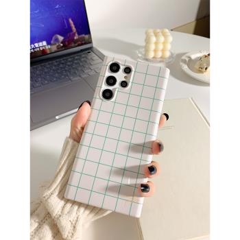 適用三星S23Ultra手機殼note20全包S22+韓國菲林二合一女新款簡約綠色格紋ins小眾10plus防摔保護套全包高階