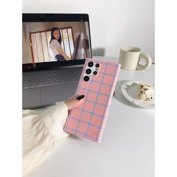 適用三星S23Ultra手機殼note20全包S22+韓國菲林二合一女款小眾粉色撞色格紋10plus防摔保護套全包高階新品