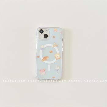 ins風淺藍蝴蝶結牛角包14適用蘋果15promax手機殼iphone13雙層磁吸
