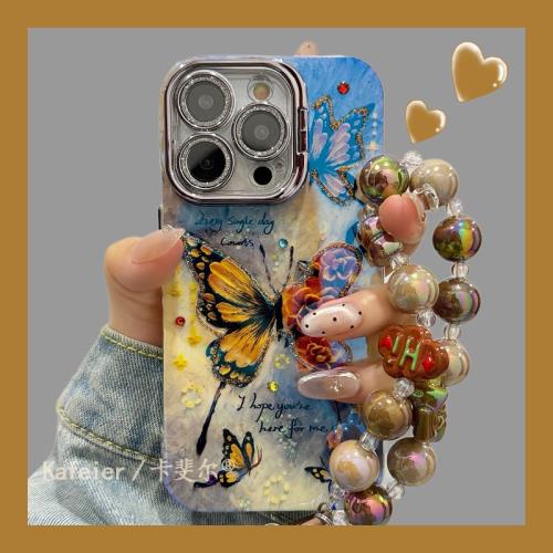 卡斐爾 適用藝術唯美油畫蝴蝶花朵手鏈iphone16pro max手機殼蘋果14新款12硅膠15女plus閃粉鏡框支架13防摔套