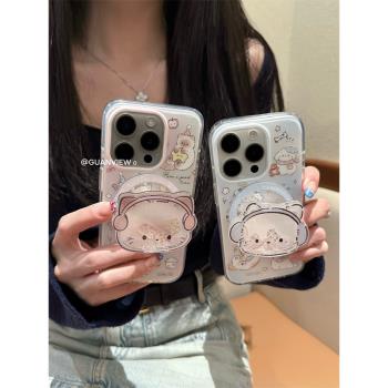 guanview ins超萌戴耳機貓咪狗狗磁吸殼適用iphone16promax蘋果16手機殼15pro雙層新款14/13搖搖樂支架防摔套