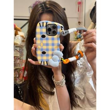 日韓創意格紋手提包kitty表情適用iPhone16promax殼蘋果15新款14小眾不撞款13時尚網紅16防摔15pro保護套