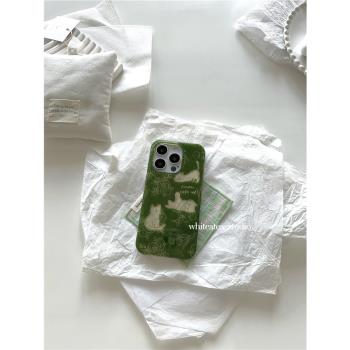 鹽白茶ins小眾墨綠線條鏤空貓咪適用蘋果16ProMax手機殼iPhone15全包14Pro新款13高階感12ProMax防摔保護套