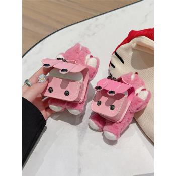 毛絨草莓熊秋冬季適用AirPods4保護套可愛卡通女款AirPodsPro2蘋果藍牙耳機殼1/2代3代Pro小書包五代耳機軟殼