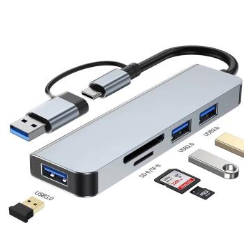 Type-C+USB五合一雙頭拓展塢HUB集線器分線器多功能讀卡TF/SD